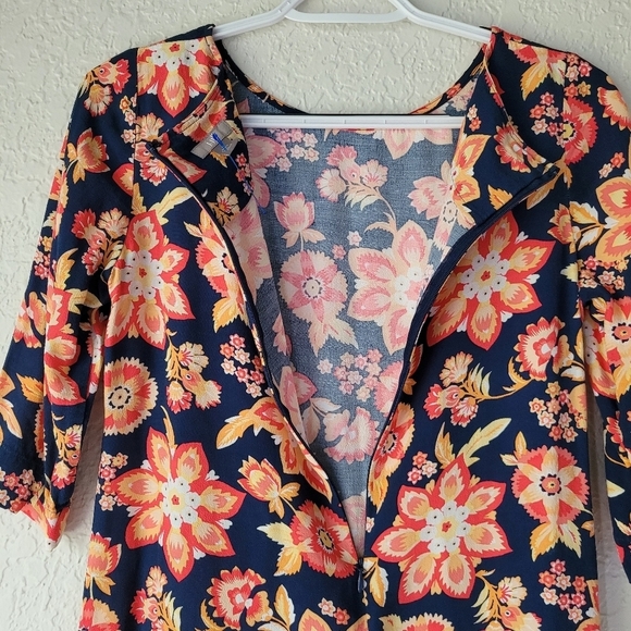J. Jill Scoop Neck Navy Orange Floral Printed 3/4 Sleeve Sheath Dress Women's 4 - Picture 3 of 12